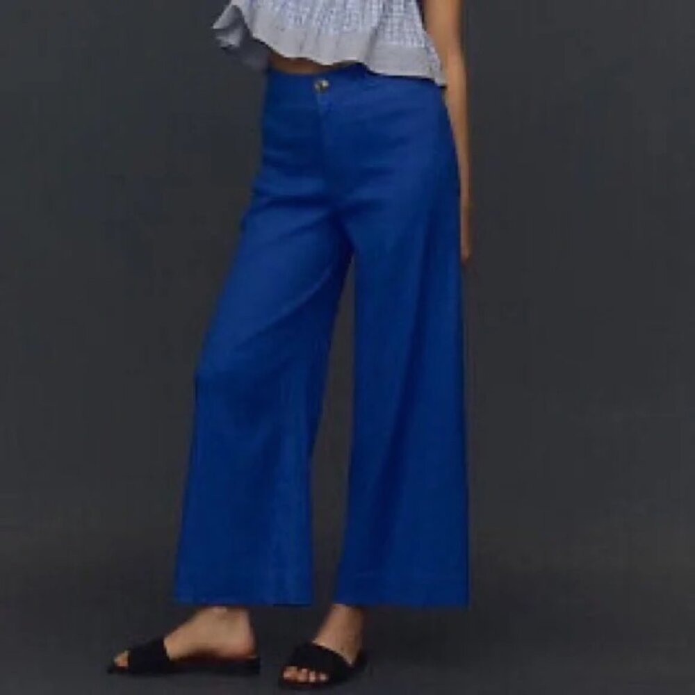 The Ettie High-Rise Crop Wide-Leg Pants by Maeve: Linen Edition - Blue - Size 31